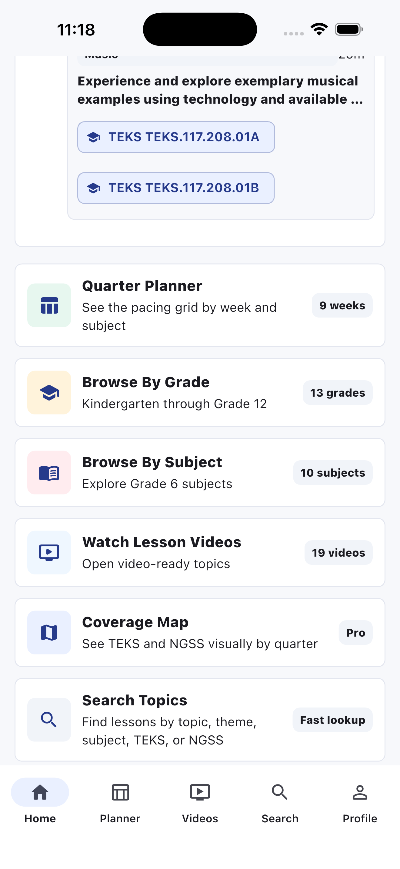 LessonGrid dashboard showing this week at a glance with standards chips and planning cards.