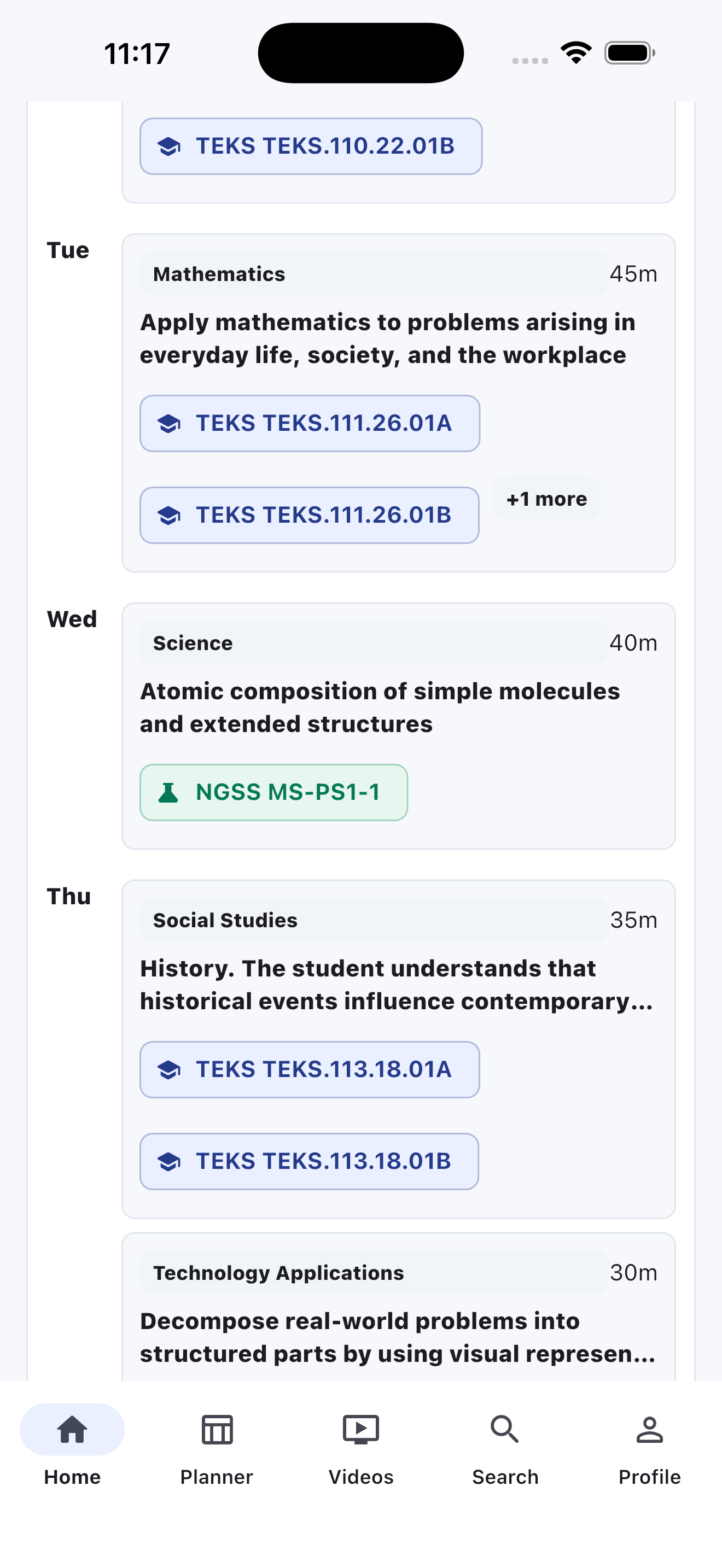 LessonGrid weekly planner showing a visual lesson feed with TEKS chips and subject pacing.